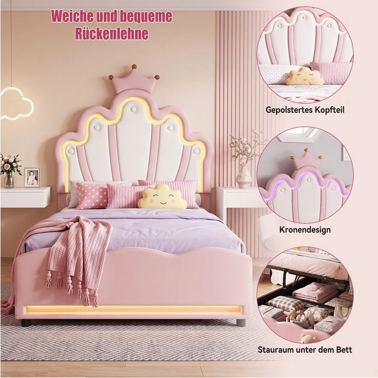 oyajia Polsterbett LED Kinderbett mit krone-Form Prinzessinnenbett (PU-Leder material Polsterbett mit Lattenrost und verstellbares gepolstertes Kopfteil), Modernes Jugendbett, Leises Design, Einfach zu montieren und stabil – Bild 2