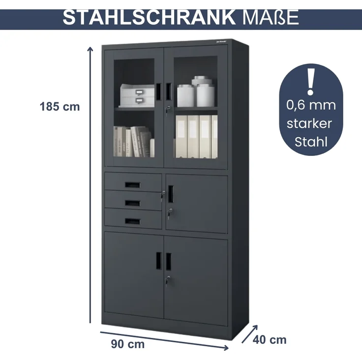 Vitrinenschrank abschließbar GEDO - mit Tresor & Schubladen| Büroschrank aus Stahl Aktenschrank mit Glasfenster Metallschrank Mehrzweckschrank, 185x90x40cm Anthrazit – Bild 2