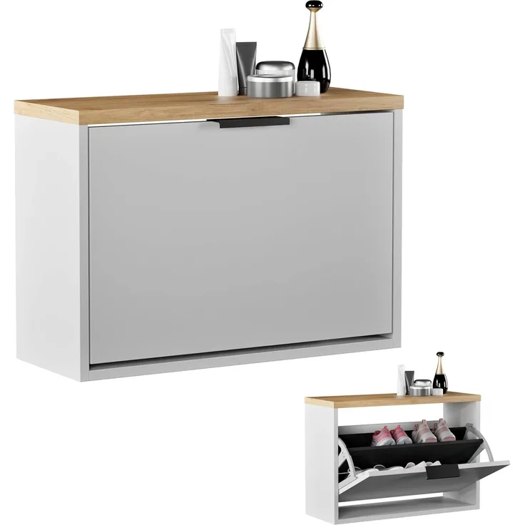 Planetmöbel Schuhschrank schmal mit 1 Klappe platzsparender Schuhregal mit 2 Ablagen, Schuhkommode für Diele, Flur, Garderobe 60 x 23 x 42,5 cm, weiß grau