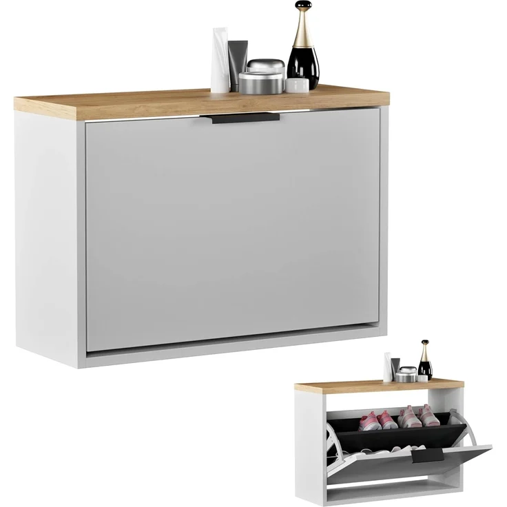 Planetmöbel Schuhschrank schmal mit 1 Klappe platzsparender Schuhregal mit 2 Ablagen, Schuhkommode für Diele, Flur, Garderobe 60 x 23 x 42,5 cm, weiß grau