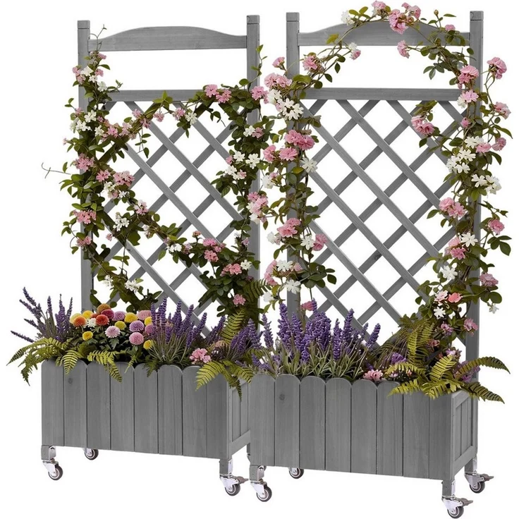 COMHOMA Blumenkasten Rankgitter Pflanzkasten mit Rollen, Holz Hochbeet mit Spalier (2 St), wetterbeständiger Pflanzenkübel mit Drainagelöchern – Bild 5