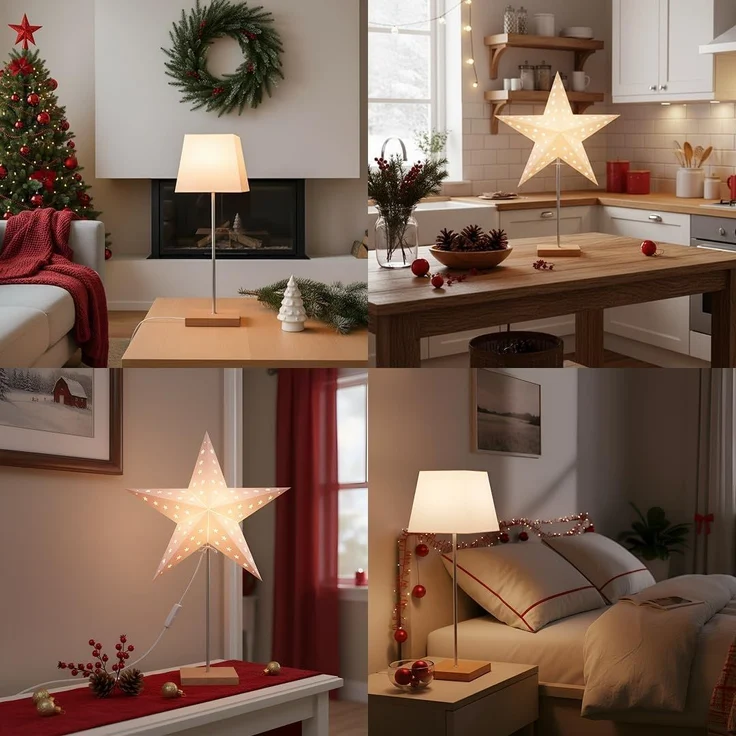 EGLO Tischlampe mit Wechselschirm, 3D Papierstern Weihnachten oder eckiger Lampenschirm in Weiß mit Fuß aus Holz und Metall, Dekostern Tischleuchte mit Kabelschalter, E14, Höhe 65 cm – Bild 9