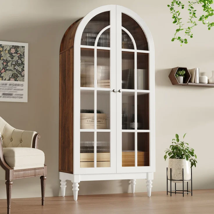 Bogen-Vitrinenschrank 165cm mit Riffelglas-Doppeltüren, 3 Einlegeebenen, 2 Farben (Nussbaum+Weiß)--Weiß--76x38.5x165cm--YOUDENOVA – Bild 1