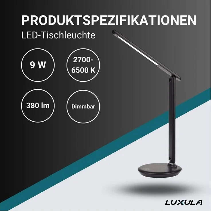LUXULA LED Schreibtischlampe LED-Tischlampe, mit Dimm- und CCT-Funktion, 9 W Leistung, in schwarz, LED fest integriert, Tageslichtweiß, kaltweiß, neutralweiß, warmweiß, Farbwechsel-Funktion, Touch, Dimmfunktion – Bild 2