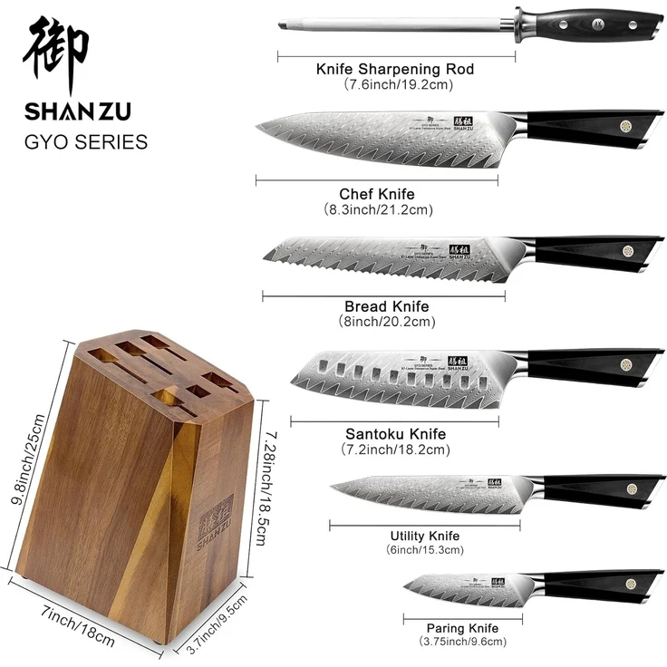 SHAN ZU Damaststahl Messerblock mit Messer, 7-teiliges Küchenmesserset aus Japanischem 10Cr15CoMoV Spitzenstahl, Professionelles Küchenmesser mit G10 Griff - GYO Series – Bild 2