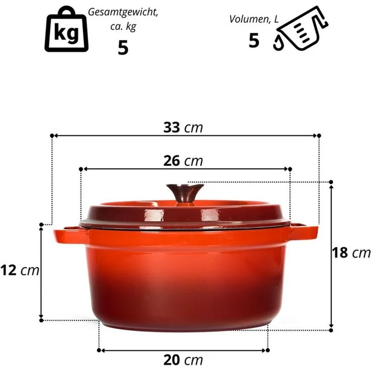 BIG-PAN Kochtopf Emaillierter Gusseisen Topf mit Deckel Ø26 cm 5L Bräter Dutch Oven, Gusseisen (Induktionsgeeignet Backofenfest, Kasserolle Brotbacktopf Cocotte) – Bild 2
