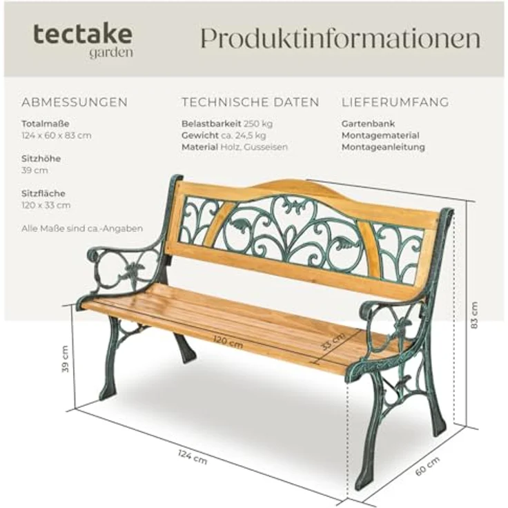 tectake Gartenbank Sitzbank Kathi 2-Sitzer aus Holz und Gusseisen 124x60x83cm, 2-Sitzer – Bild 3