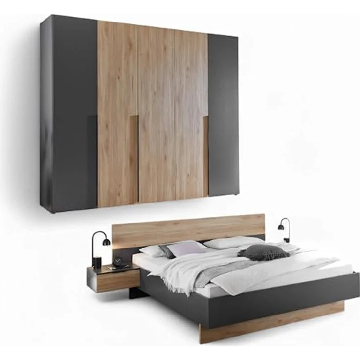 Stella Trading ASKA Schlafzimmer Komplett-Set in Graphit, Mauvella Eiche Optik - Schlafzimmer Möbel-Set 2-teilig bestehend aus Kleiderschrank & Bettanlage – Bild 2