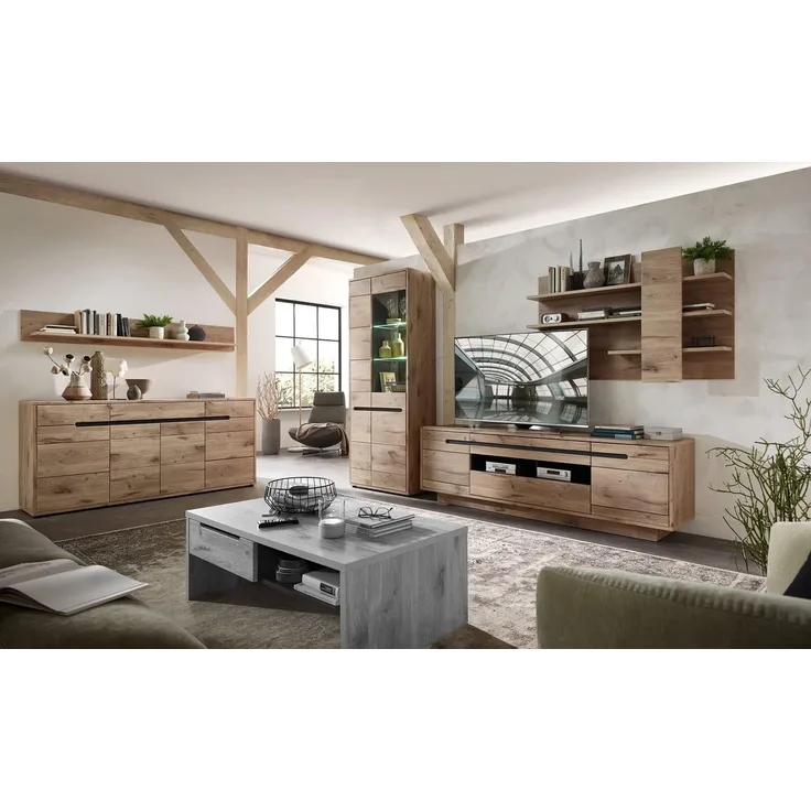 moebel-dich-auf Wohnwand BELLINZONA, (Wohnzimmer-Set, Vitrine + Wandboard + Lowboard), inkl. LED-Beleuchtung, optional mit Couchtisch & Sideboard