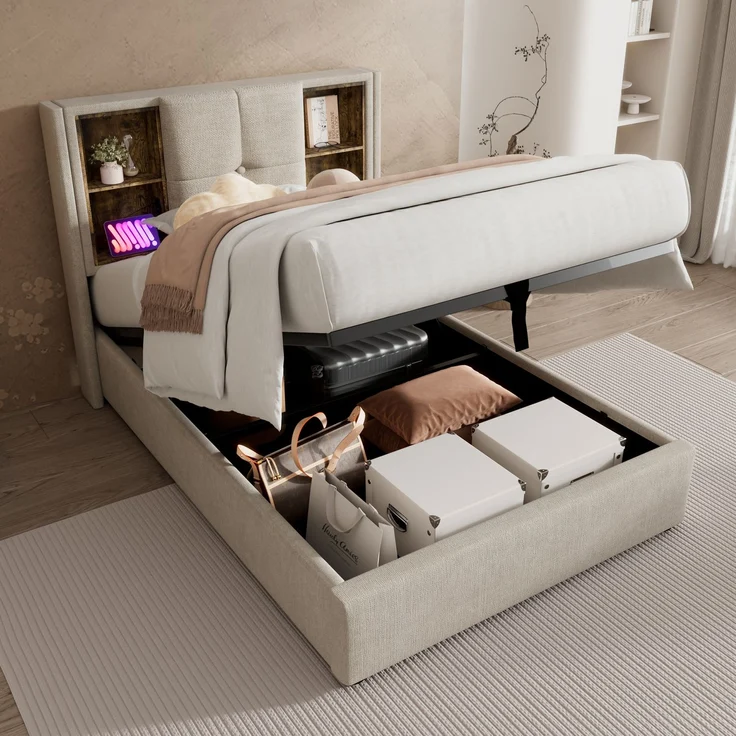EINHOM Einzelbett 90x200cm mit Stauraum Lattenrost, Polsterbett mit Kabellosem Laden USB C, Leinen, Natürlich (Ohne Matratze) – Bild 1