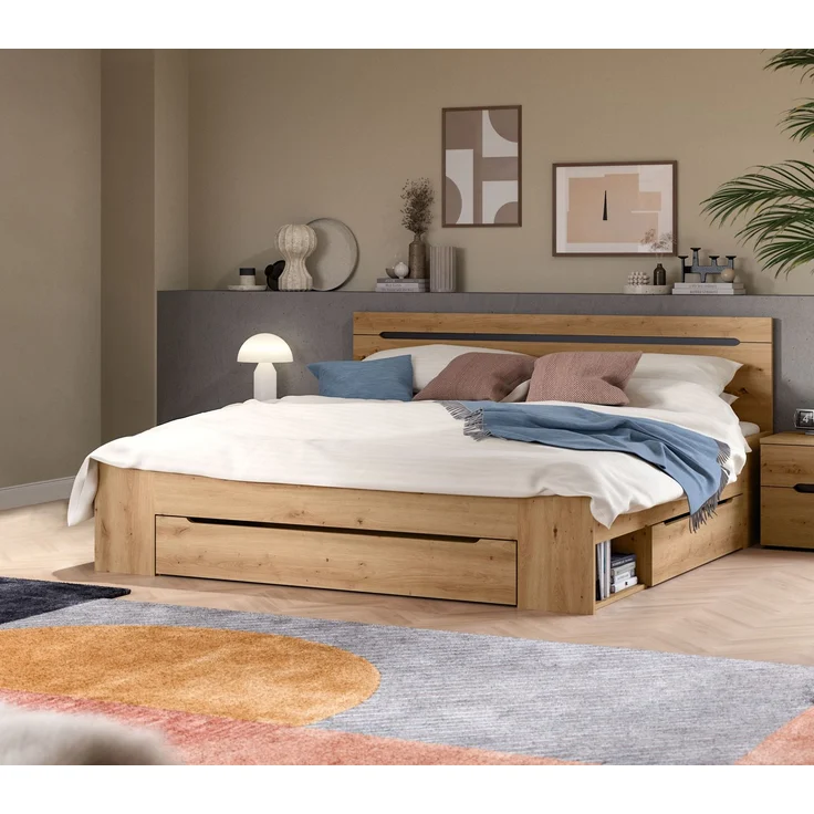 Bett Sova 180x200, Modernes Bett in Eiche-Optik mit Schubladen & Fächern – Bild 2