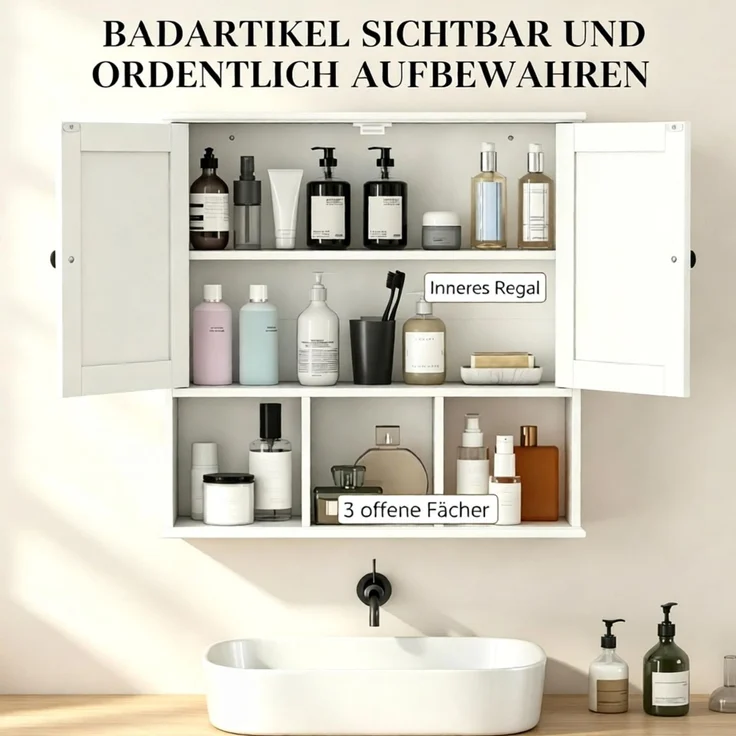 Badezimmer-Wandschrank 60 x 19,5 x 60 cm mit 2 Türen, offenen Fächern und verstellbarem Einlegeboden – Bild 6