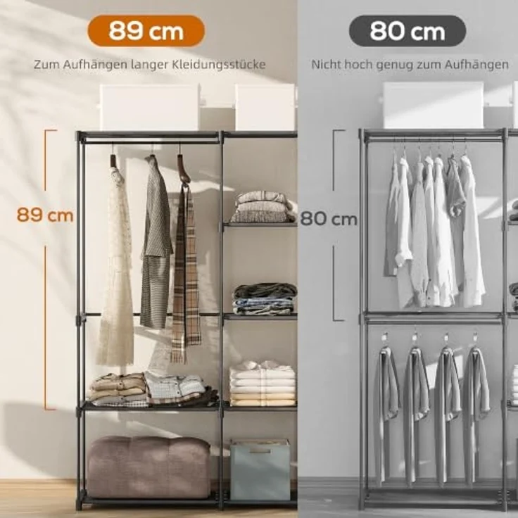 HOMCOM Kleiderschrank Offen 4 Stock Garderobe 182 x 43 x 185 cm Schwarz | Kleiderständer, Mit 2 Hängefächern, Für Wohnzimmer, Schlafzimmer – Bild 4