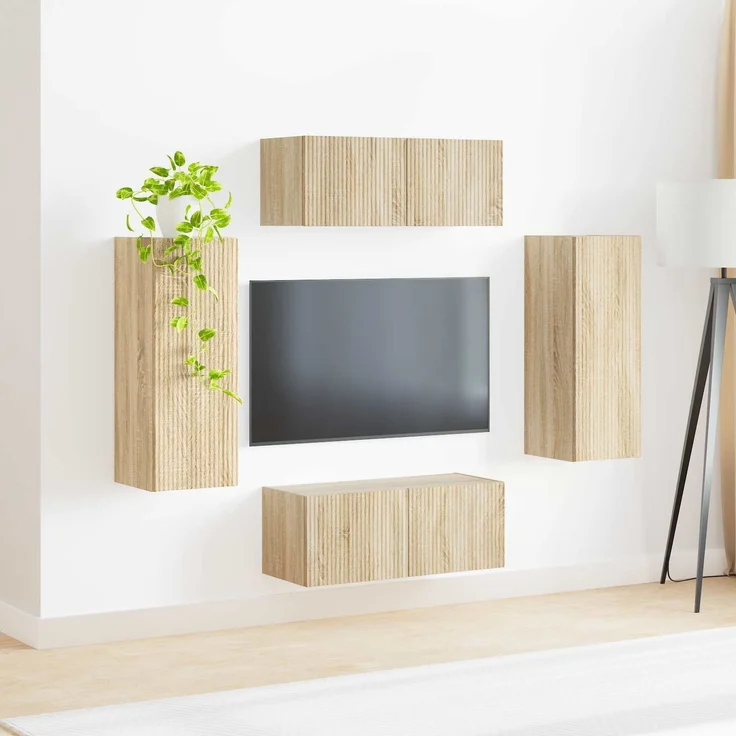 vidaXL TV-Wandregal-Set Wandmontiert 4 pcs Sonoma-Eiche Holzwerkstoff 3408918 – Bild 4
