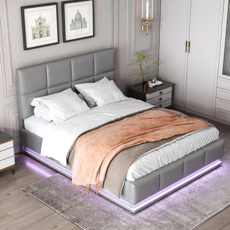 Merax LED Hydraulisches Polsterbett 140x200 aus Kunstleder Doppelbett mit Höhenverstellbares Kopfteil & Lattenrost Dunkelgrau – Bild 6