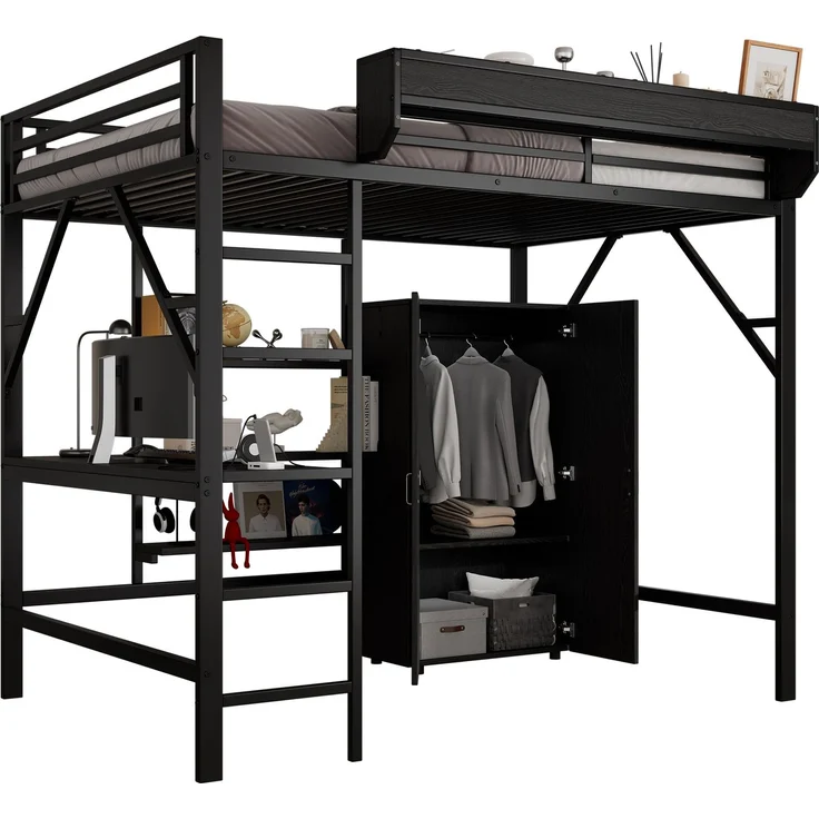 Merax Hochbett, 140x200cm Kinderbett, Doppelstöckiger Stauraum unter dem Schreibtisch, Oberes Bett mit Stauraum, Mit Kleiderschrank, Schwarz – Bild 10