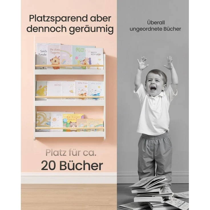 SONGMICS Bücherregal Kinder, Kinderregal mit 3 Ebenen, Spielzeugregal, Wandregal, für Kinderzimmer, Spielzimmer, weiß-naturfarben – Bild 3