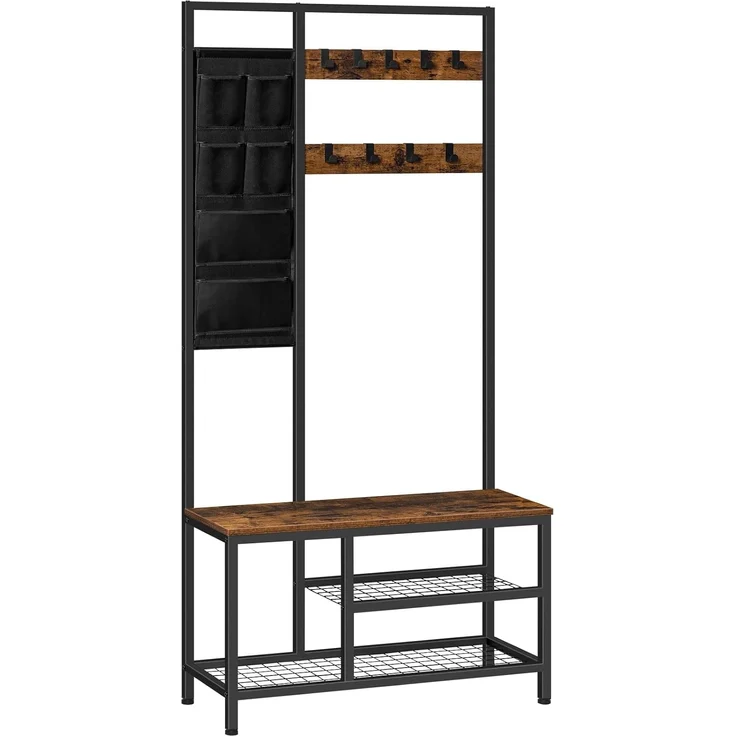 HOOBRO Garderobenständer, Garderobe, Kleiderständer mit 6 staschen und 9 Haken, Schuhregal mit Sitzfläche, Sitzbank, Viel Stauraum, für Flur, Wohnzimmer, vintagebraun-schwarz EBF24MT01 – Bild 1
