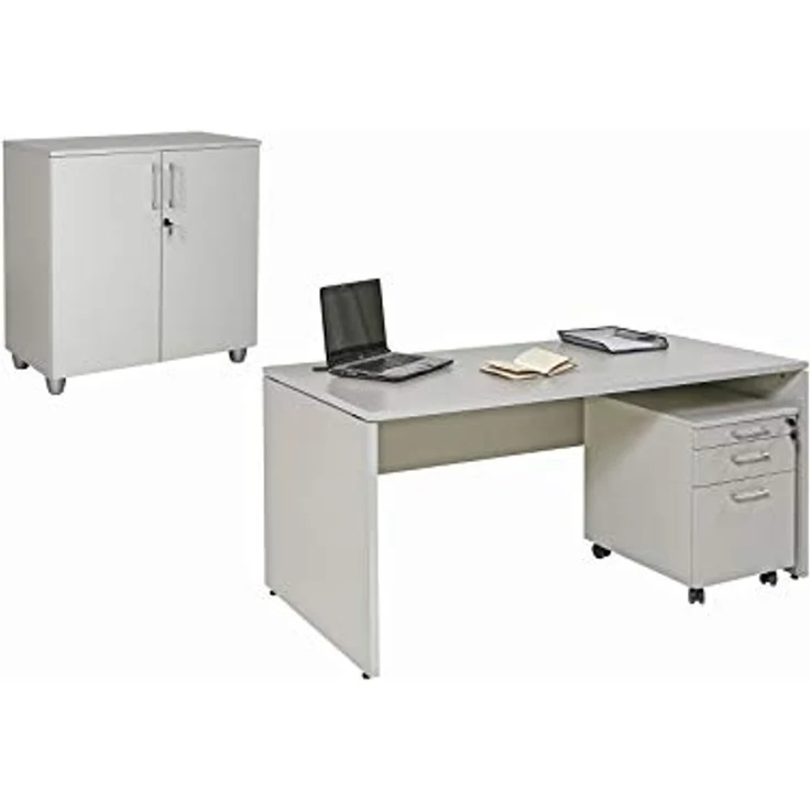 Schreibtisch Set 2 Nuvi, grau Dekor, inkl. Schreibtisch 180 cm, Rollcontainer 3 Schübe & Aktenschrank – Bild 1