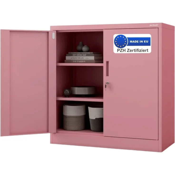Aktenschrank abschließbar KADO - 3 Ebenen verstellbar, Flügeltüren | Metallschrank Werkstatt Mehrzweckschrank Büroschrank aus Stahl Werkzeugschrank, 93x90x40cm Rosa – Bild 1