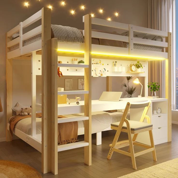 Merax Etagenbett, 90x200 cm & 140x200 cm, mit Schubladen und Schreibtisch, inklusive LED-Lichtleiste, (Keine Stühle), Natur – Bild 2