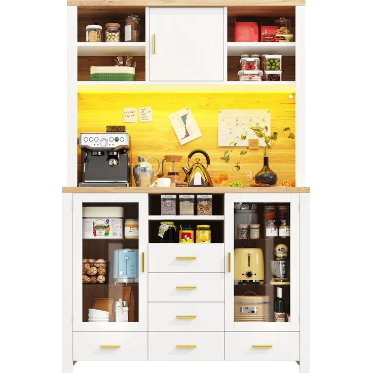 Seitenboard / Aufbewahrungsschrank / Multifunktions-Küchenschrank / Buffetschrank, 120x40x188cm, Landhausstil, 4 Türen, mit LED-Lichtleiste, 6 Schubladen & 3 Türen, Weiß mit Holzoptik – Bild 8