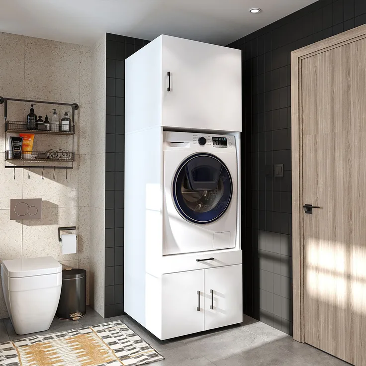 Roomart Waschmaschinenschrank 205 cm – Überbau, Ausziehbrett, Schublade | • Weiß