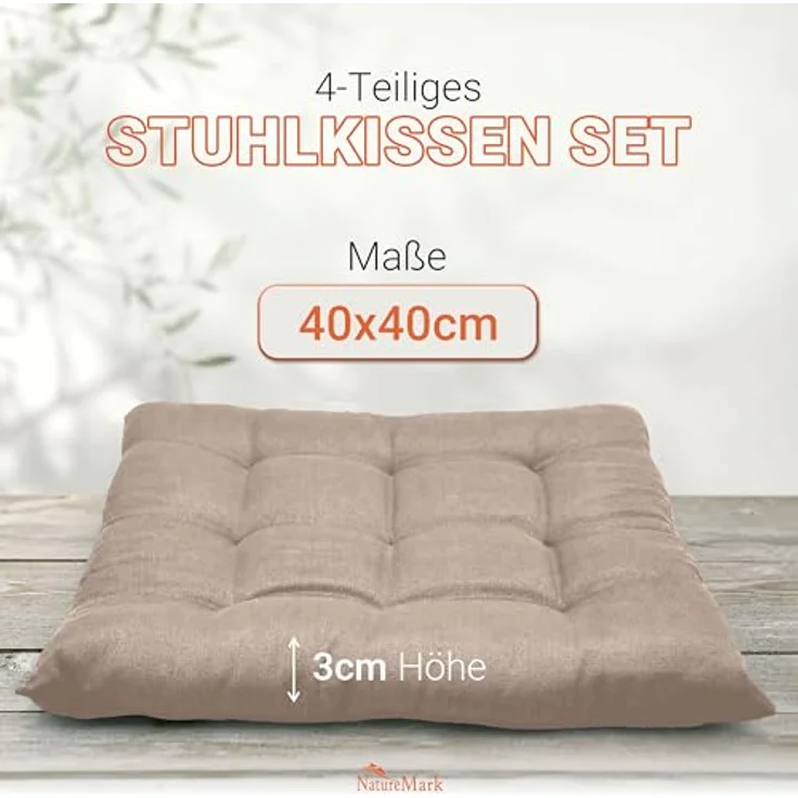NatureMark 4er Set Stuhlkissen mit Bändern Gr. 40x40 cm Sitzkissen gefüllt, Sand/Beige – Bild 3