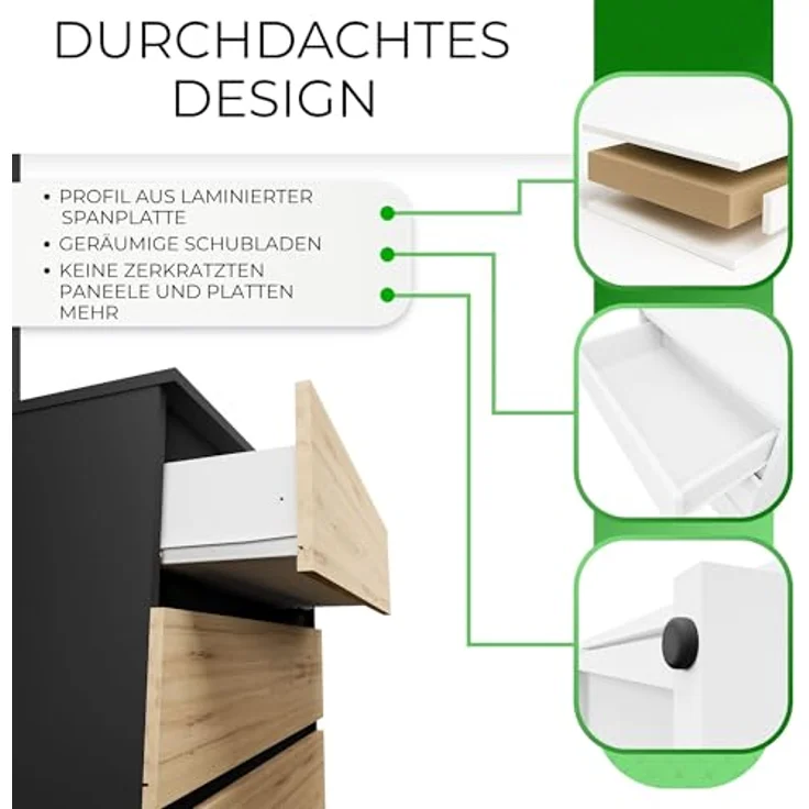 CDF Kommode Anthrazit Artisan mit 4 Schubladen 97 cm Hoch Sideboard Schmale Komode Schlafzimmerkommode für Flur Büro Schlafzimmer Wohnzimmer Schubladenschrank Regal mit Schubladen Schrank Möbelstück – Bild 5