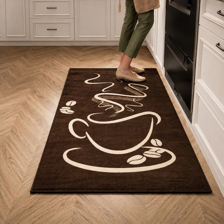Vimoda Teppich Küchenteppich, Trendiger Kaffee Teppich in Schwarz, Grau & Braun, Rechteckig, Höhe: 5 mm, Küchenteppiche, Cappuccino, Kaffee, Tasse, Esszimmer, Küche