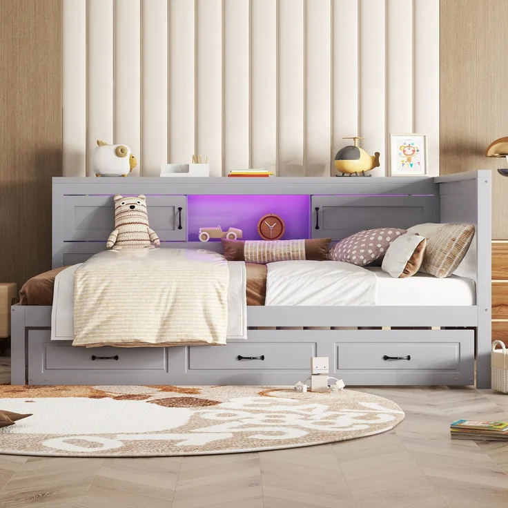 Massivholzbett mit Gästebett und LED-Beleuchtung (140x200 cm) Doppelbett, Jugendbett mit Lattenrost, Kiefer, grau