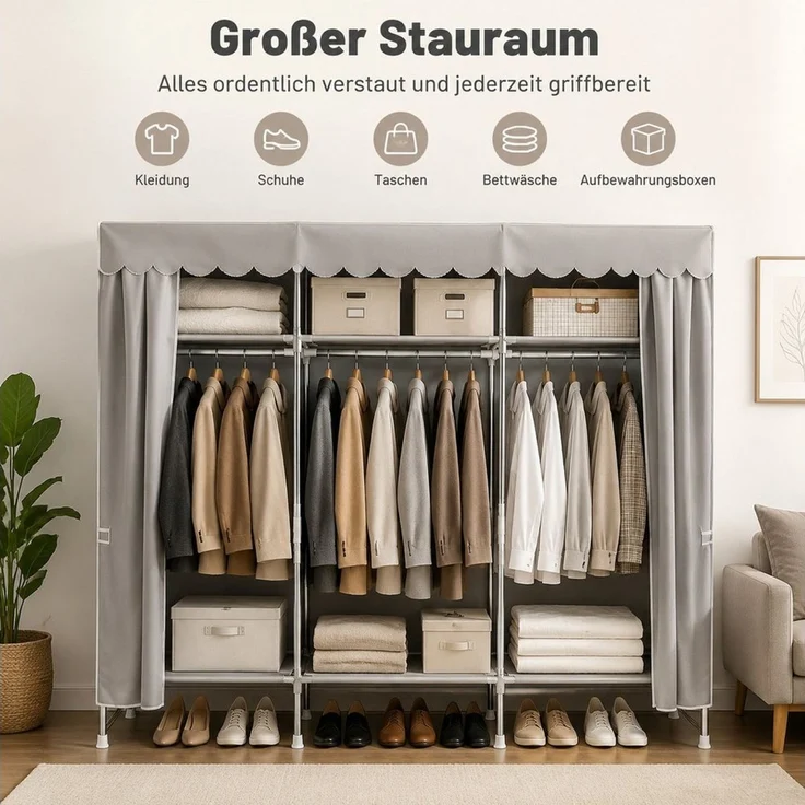 Toomoke Stoffschrank mit Kleiderstange, Faltschrank für Schlafzimmer (Kleiderschrank aus Stahlrohren mit Reißverschluss und Staubschutz) Abnehmbarer Bezug, 165 × 170 × 45 cm, ca. 5,7 kg – Bild 3