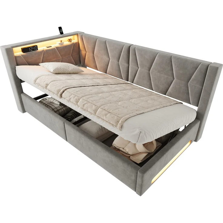 TavilaEcon Polsterbett Samtbett mit LED-Beleuchtung an Kopf- und Fußteil, USB & Type-C grau Liegefläche 90 × 200 cm – Bild 9
