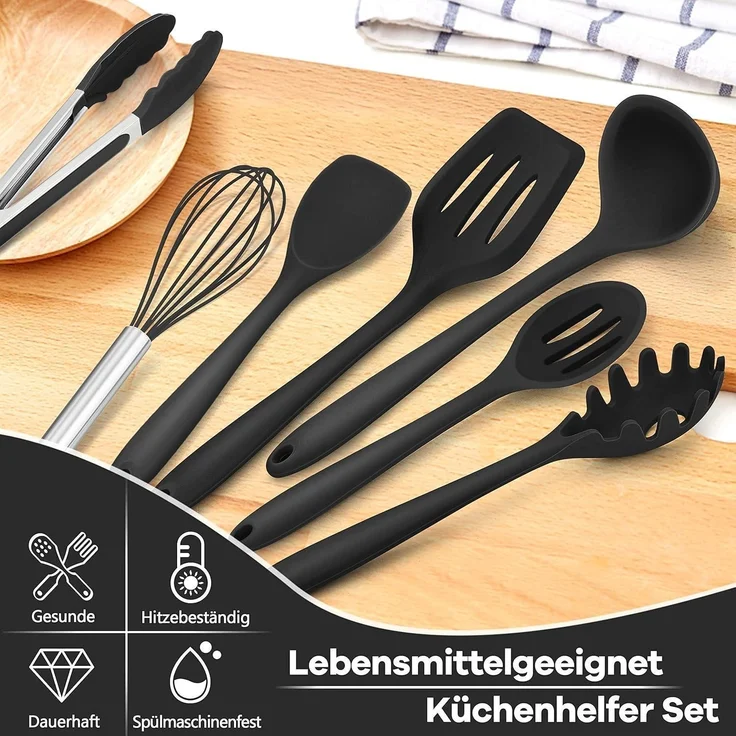 Homikit 7tlg. Schwarz Silikon Küchenhelfer Set Antihaft Hitzebeständig – Bild 3