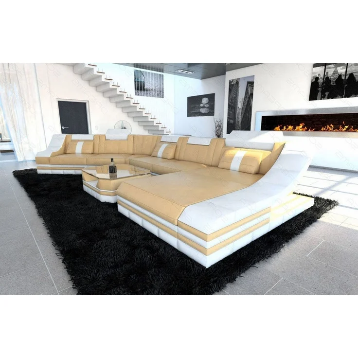 Mini Leder Wohnlandschaft Turino CL mit LED - Echtleder - Sandbeige-Weiss - Rechts – Bild 3