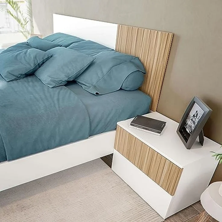 Habitdesign, modernes Kopfteil mit 2 Nachttischen – Schlafzimmer-Set in Artik weiß & Naturholz, wendbares Kopfteil, viel Stauraum, Maße: 266 x 91 x 34 cm (B x H x T), Modell Ethna – Bild 4