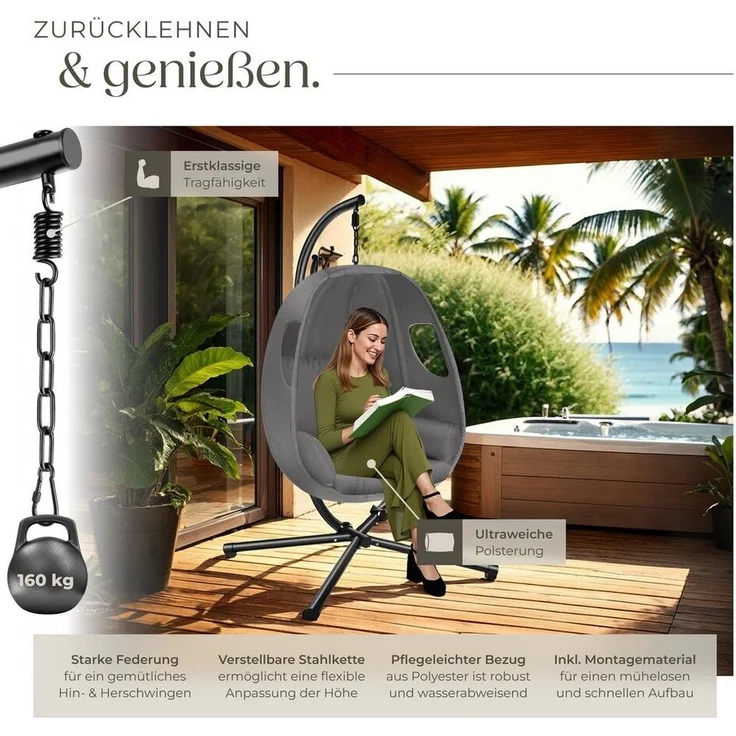 tectake Hängesessel Schaukelstuhl Anika mit Gestell und Kissen 160kg, mit extra dickem Sitzkissen, 360° drehbar – Bild 3