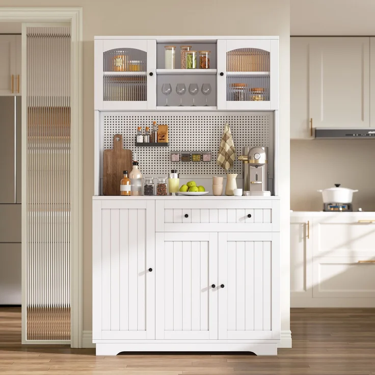 Vitrinenschrank mit Tür, Küchenschrank, Hochschrank, verstellbaren Einlegeböden, Lochblech, Weiß, 103.5× 40 × 180 cm--Weiß--103.5x40x180cm--YOUDENOVA – Bild 5