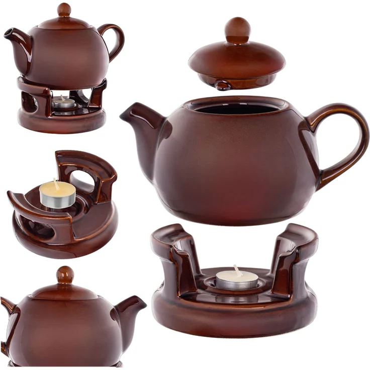 KADAX Teekanne 1L mit Stövchen Set, Kaffeekanne aus Porzellan mit Deckel, Griff und Teestövchen, Kanne mit Teelicht Wärmer für Tee, Teeservice (Braun) – Bild 1