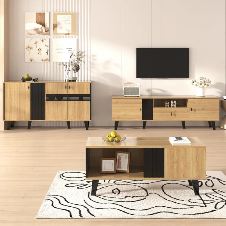 Wohnzimmer Möbel Set 3-teilig: TV-Schrank 170cm, Sideboard & Couchtisch, Holz/Schwarz