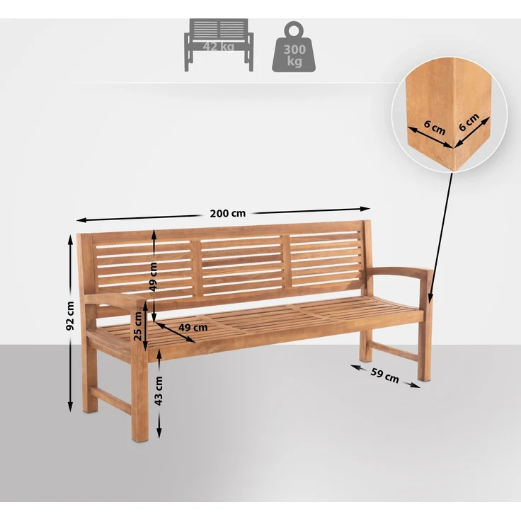 Gartenbank Teakbank DAGAD - Holz Teak 200x59x92 cm | Holzbank 200 Cm Gartenbank Sitzbank Mit Lehne Wetterfest Bank Garten Terrasse – Bild 2