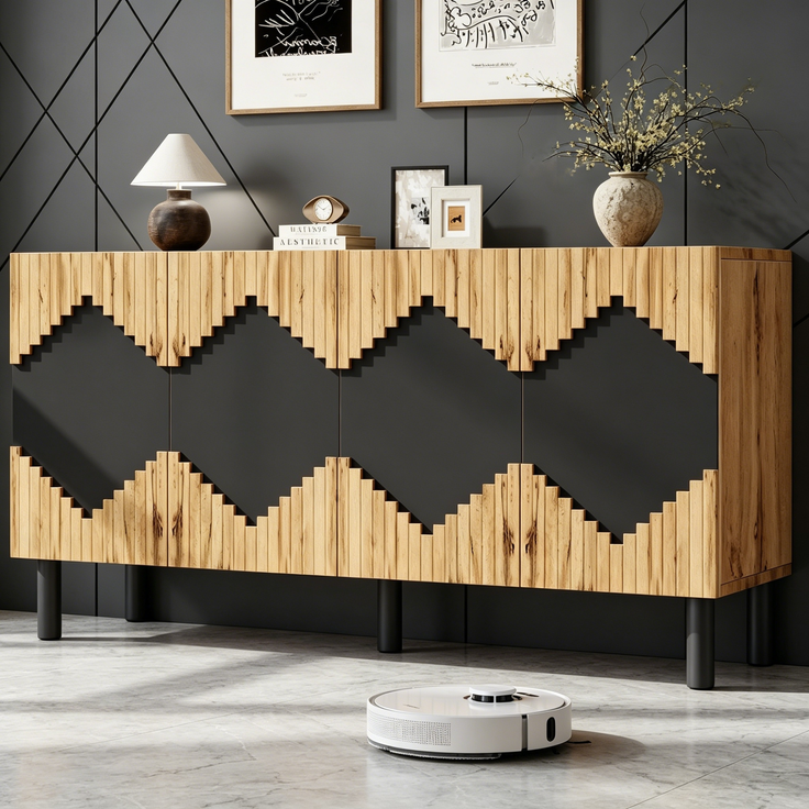 Merax 140cm Sideboard, Schrank mit 2 Türen, Schließfächer, Rautenmuster, aus robustem Spanplatte mit MDF, bis 50 kg belastbar, Holzfarbe+Schwarz – Bild 2