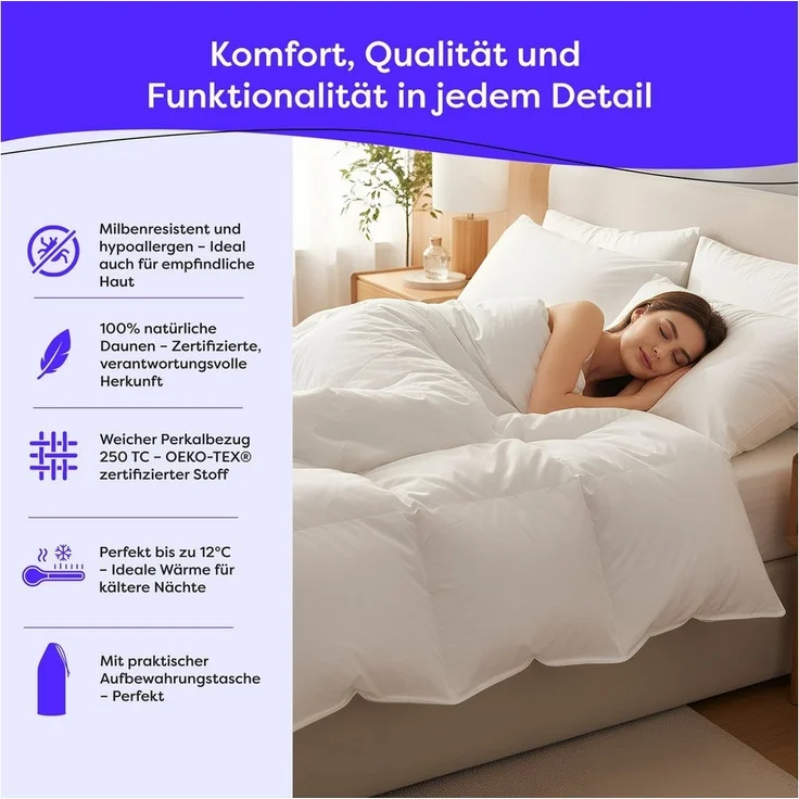 Wolkenfeld Daunenbettdecke Winterbettdecke Daunendecke Anti-Milben, Hypoallergen, Waschbar, Bezug: 100% Baumwolle, 135x200, 155x220, 200x200, 220x240 Gänsedaunen & Federn 500 g/m² – Bild 3