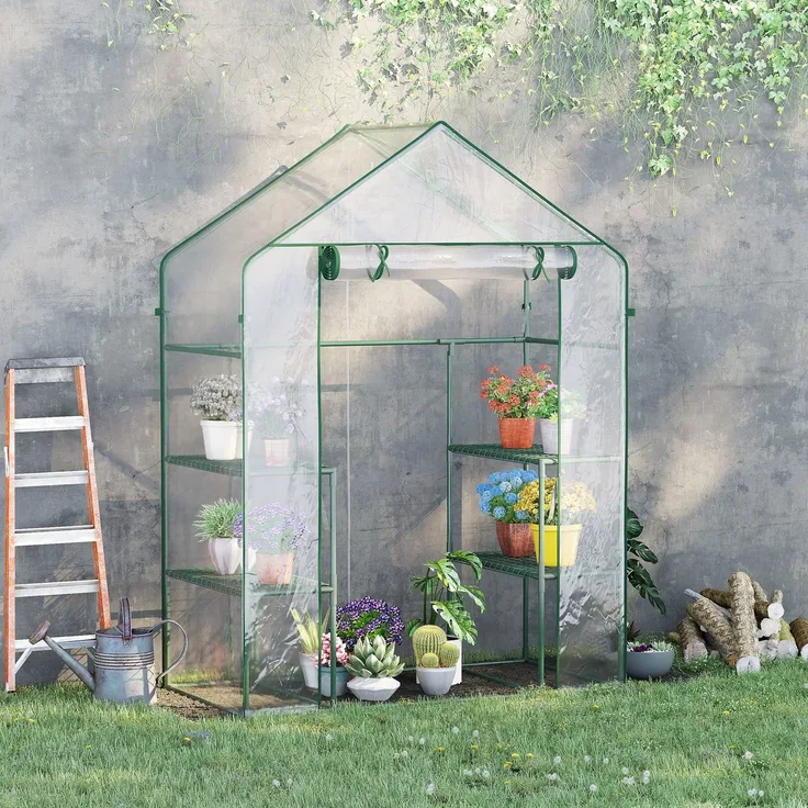 Wohnora-Gewächshaus mit 4 Stahlregalen, hochdichtem PVC (140 g/m²), UV-beständig, 142 x 73 x 195 cm, transparent grün,H 1950cm x T 365cm x B 730cm