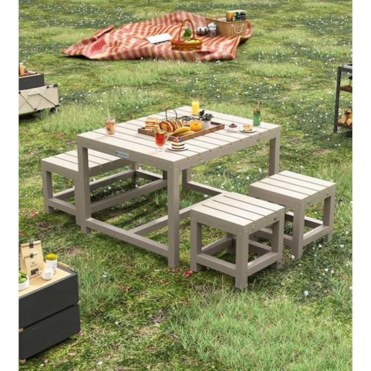 WONDERMAKE Garten-Kindersitzgruppe, 4-tlg. Holz-Sitzgarnitur für drinnen und draußen, grau, inkl. Tisch, Bank und 2 Hockern, für Kinder ab 3 Jahren – Bild 6