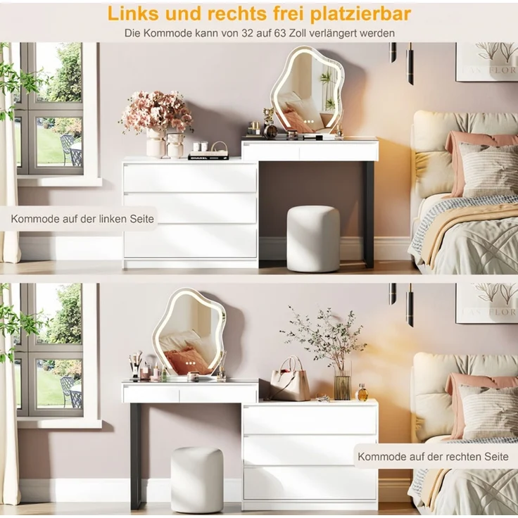 Schminktisch 120 cm mit Spiegel, 5 Schubladen und LED-Beleuchtung, Glasplatte, Weiß – Bild 5