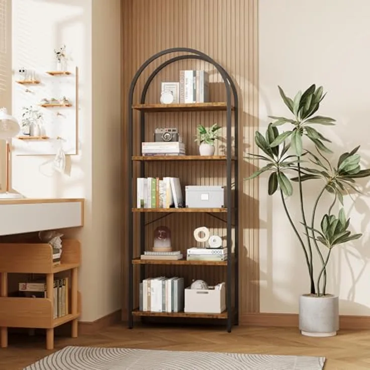 GarveeLife Bücherregal mit 5 Ebenen, 60x28x180cm, Industrielles Gebogenes Bücherregal mit Offenen Regalen für Zuhause, Büro, Wohnzimmer, Schlafzimmer, braun