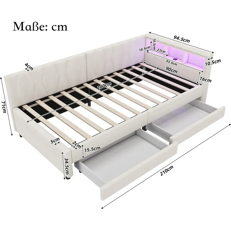 Schlafsofa mit LED-Beleuchtung, Lattenrost, Schubladen, USB/Typ-C Anschlüssen, 90x200cm, Polsterbett, Einzelbett, Leinen – Bild 5