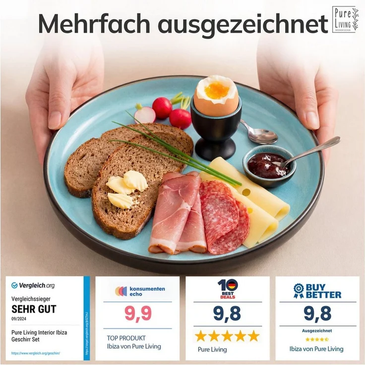 PURE LIVING INTERIOR DESIGN Geschirr-Set Pure Living Dessertteller 6er 20cm »Ibiza«, Steingut, Aquamarin, 6 Personen, Steingut, Mediterrane Handwerksoptik, Reaktive Glasur – jedes Stück einzigartig… – Bild 3
