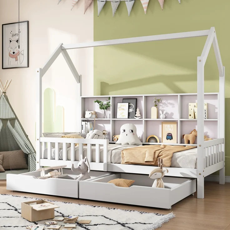 Merax Hausbett 90x200cm Kinderbett mit Mehrzweck-Bücherregal-Speichergitter-Kabinett Ablageregal und zwei großen Schubladen mit Stauraum und Kaminform, Weiß – Bild 5